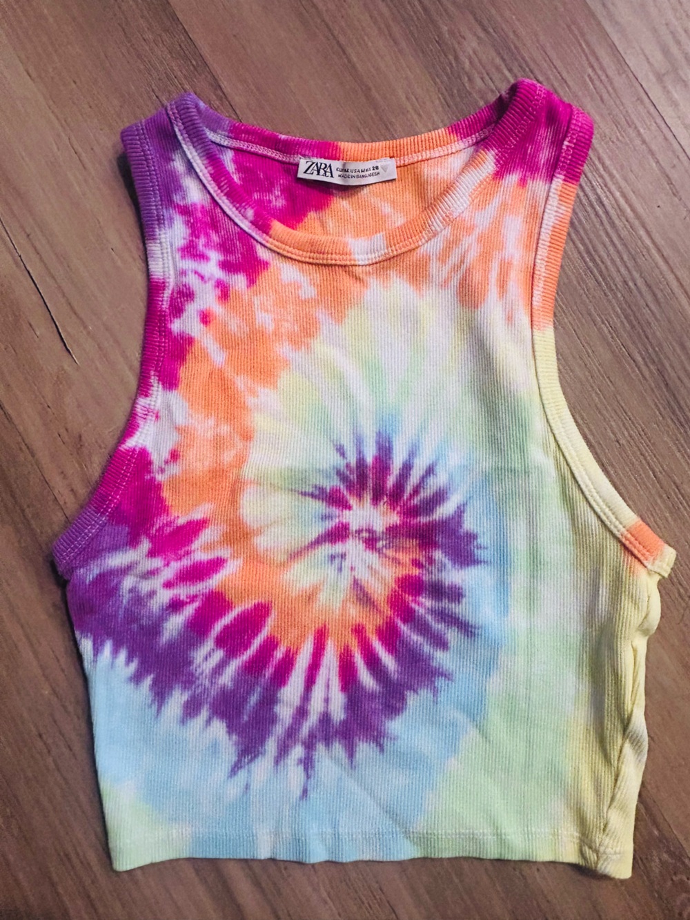 Zara Ribbed Tie-Dye Crop Tank in Pink, Orange, Yellow